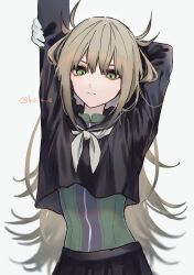 1girl arm_up arms_behind_head black_serafuku black_skirt brown_hair closed_mouth commentary_request green_eyes highres hisui_kanon inami_koa long_hair looking_at_viewer neckerchief school_uniform sentai_daishikkaku serafuku simple_background skirt solo stretching twitter_username upper_body white_background white_neckerchief