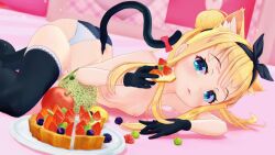 1girl 3d animal_ear_fluff animal_ears animated apple audible_music black_gloves black_thighhighs blonde_hair blue_eyes blueberry bow breasts cake cake_slice cat_ears cat_tail dessert double_bun fang fangs food fruit gloves grapes hair_bun holding holding_food kiwi_(fruit) kiwi_slice lemon loli looking_at_viewer lying melon mononobe_alice nijisanji nipples panties small_breasts solo solo_focus sound strawberry tagme tail tail_bow tail_ornament thighhighs topless_female underwear video virtual_youtuber