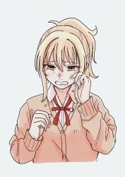 Rule 34 | 0lkumabian, 1girl, absurdres, blonde hair, breasts, brown cardigan, brown eyes, cardigan, clenched teeth, commentary request, crying, crying with eyes open, highres, long sleeves, love live!, love live! nijigasaki high school idol club, medium hair, miyashita ai, neck ribbon, nijigasaki school uniform, ponytail, red ribbon, ribbon, school uniform, tears, teeth, wiping tears