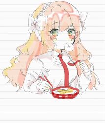 1girl steamed_bun blush bow bowl chopsticks collared_shirt cropped_torso eating faux_traditional_media food food_in_mouth freckles green_eyes hair_bow highres ishmael_(project_moon) limbus_company lined_paper liu_association_(identity)_(project_moon) necktie orange_hair project_moon red_necktie shirt solo white_shirt yukinatomi