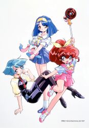 1990s_(style) 3girls aqua_eyes aqua_hair blue_hair blunt_ends carrying carrying_under_arm character_request company_name dated hairband high_heels high_ponytail highres looking_at_viewer minimum_nanonic multiple_girls non-web_source official_art open_mouth pantyhose pencil_skirt pleated_skirt ponytail red_hair retro_artstyle shoes short_sleeves simple_background skirt sneakers suzuki_noritaka wand white_background yellow_eyes