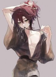 1boy adjusting_hair aimieria alternate_costume arms_up bishounen closed_mouth collarbone cowboy_shot genshin_impact green_eyes grey_background highres japanese_clothes kimono looking_at_viewer male_focus medium_hair mole mole_under_each_eye mole_under_eye mouth_hold multiple_moles off_shoulder open_clothes ponytail red_hair shikanoin_heizou simple_background smile solo tying_hair