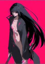 1girl black_hair black_haori blood breasts coat cowboy_shot g7cdpdto2i6hot6 haori highres holding holding_sword holding_weapon japanese_clothes limbus_company long_hair looking_at_viewer medium_breasts naked_coat navel open_clothes open_coat pink_background pink_blood project_moon red_eyes ryoshu_(project_moon) sidelocks simple_background solo sword unsheathed very_long_hair weapon