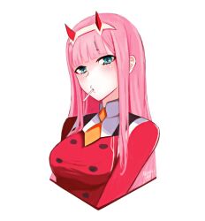 Rule 34 | 1girl, artist name, blunt bangs, breasts, cropped torso, darling in the franxx, green eyes, hairband, highres, horns, jacket, lollipop in mouth, long hair, looking at viewer, medium breasts, necktie, orange necktie, pink hair, red horns, red jacket, ryness, short necktie, solo, straight hair, very long hair, white hairband, zero two (darling in the franxx)