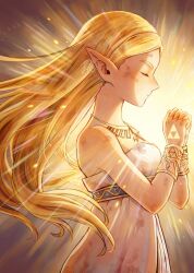 1girl agisato bare_shoulders blonde_hair bracer breasts closed_eyes dirty dirty_clothes dirty_face dress glowing gold_necklace jewelry long_hair medium_breasts necklace nintendo own_hands_clasped own_hands_together parted_bangs pointy_ears princess_zelda profile solo strapless strapless_dress the_legend_of_zelda the_legend_of_zelda:_breath_of_the_wild triforce upper_body white_dress