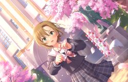 brown_hair building cat cherry_blossoms door english_text falling_leaves game_cg green_eyes heart holding idolmaster idolmaster_cinderella_girls idolmaster_cinderella_girls_starlight_stage japanese_text leaf official_art open_mouth sailor_collar school_uniform skirt statue tada_riina torn_paper tree window
