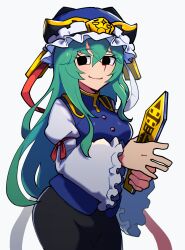 1girl asymmetrical_hair black_eyes black_hat black_skirt blue_hat blue_vest bow breasts buttons closed_mouth collared_vest epaulettes frilled_hat frills green_hair hair_between_eyes hat highres holding iganashi1 long_sleeves looking_at_viewer medium_breasts no_pupils red_bow rod_of_remorse shiki_eiki shirt short_hair simple_background skirt sleeve_bow smile solo touhou vest white_background white_bow white_shirt wide_sleeves