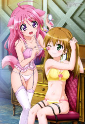 Rule 34 | 10s, 2015, 2girls, :d, ;3, absurdres, adjusting hair, ahoge, alternate hairstyle, animal ear fluff, animal ears, applying makeup, blush, bow, bow bra, bra, brown hair, bunching hair, chair, collarbone, compact (cosmetics), copyright name, cosmetics, dog days, dog ears, dog girl, dog tail, frills, garter straps, green eyes, hair between eyes, hair down, hashidate kana, highres, holding, jewelry, long hair, makeup brush, megami magazine, millhiore f. biscotti, multiple girls, navel, official art, one eye closed, open mouth, panties, pink hair, purple eyes, rebecca anderson, ribbon, ring, scan, sitting, smile, standing, tail, thighhighs, underwear, underwear only, watermark, white legwear, white panties, yellow bra