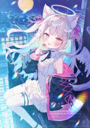 1girl :p animal_ear_fluff animal_ears black_jacket blue_hair blush building candy closed_mouth commentary_request cross cross_hair_ornament dress food full_moon grey_hair hair_ornament hair_ribbon hairclip halo highres holding holding_candy holding_food holding_lollipop ikari_(aor3507) jacket latin_cross lollipop long_hair long_sleeves looking_at_viewer moon multicolored_hair night night_sky off_shoulder on_roof open_clothes open_jacket original outdoors pink_eyes pink_ribbon puffy_long_sleeves puffy_sleeves ribbon sky sleeveless sleeveless_dress sleeves_past_wrists smile solo star_(sky) starry_sky tail thighhighs tongue tongue_out two-tone_hair two_side_up very_long_hair watermark white_dress white_thighhighs x_hair_ornament