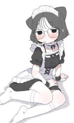 1girl absurdres animal_ears apron black_eyes black_hair blush breasts cat_ears cat_girl cigarette dress glasses highres kneehighs looking_at_viewer maid maid_headdress mole mole_under_eye mouth_hold original possummachine puffy_short_sleeves puffy_sleeves short_hair short_sleeves simple_background sitting small_breasts socks solo white_background white_socks yokozuwari