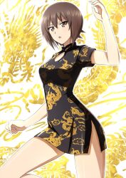 Rule 34 | 1girl, alternate costume, black dress, brown eyes, brown hair, china dress, chinese clothes, commentary, dragon print, dress, fighting stance, girls und panzer, highres, looking at viewer, nishizumi maho, omachi (slabco), open mouth, original, print background, print dress, short dress, short hair, short sleeves, side slit, solo, standing