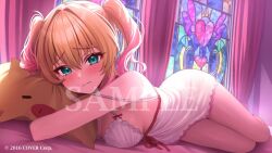 1girl akai_haato alternate_costume bare_shoulders bed blonde_hair blue_eyes blush breasts chemise cleavage closed_mouth commentary copyright_notice curtains gradient_hair haaton_(akai_haato) hair_between_eyes heart holding holding_stuffed_toy holika_baby hololive hug indoors large_breasts lingerie looking_at_viewer lying multicolored_hair negligee official_art on_bed pink_hair red_ribbon ribbon sample_watermark sideboob sleepwear smile solo stained_glass strap_slip stuffed_toy thighs two_side_up underwear virtual_youtuber watermark wavy_mouth white_chemise window window_shadow