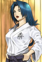 10s 1girl blue_eyes blue_hair breasts dojo female_focus future_card_buddyfight japanese_clothes large_breasts lipstick makeup matching_hair/eyes migao mikado_suzumi mature_female solo