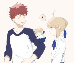 ! 1boy 2girls ahoge artoria_pendragon_(fate) breasts bun_with_braided_base chibi closed_eyes commentary_request dual_persona emiya_shirou fate/stay_night fate_(series) hair_bun hair_ribbon multiple_girls open_mouth red_hair ribbon saber_(fate) single_hair_bun small_breasts smile spoken_exclamation_mark suzuakks