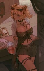 2girls absurdres alternate_costume black_skirt blonde_hair breasts burnice_white cleavage cowboy_shot cup disposable_cup earrings eyewear_on_head fingernails green_eyes hair_between_eyes hair_bun highres holding holding_cup jewelry large_breasts long_hair looking_to_the_side midriff multiple_girls nail_polish navel outdoors piper_wheel red_eyes red_nails shellvi short_eyebrows short_twintails sidelocks skirt solo_focus sunglasses twintails zenless_zone_zero