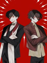 Rule 34 | 0e0n0 2, 2boys, bakuage sentai boonboomger, black hair, black pants, bow, bowtie, formal clothes, hando taiya, highres, jacket, kamen rider, kamen rider geats (series), long sleeves, male focus, multiple boys, pants, red background, red eyes, shirt, short hair, simple background, super sentai, ukiyo ace, vest, white shirt