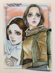 2girls artist_name brown_eyes brown_hair brown_scarf brown_shirt brown_vest dated dress green_jacket grey_eyes highres jacket jyn_erso multiple_girls open_clothes open_jacket open_vest photo_(medium) princess_leia rogue_one:_a_star_wars_story scarf shirt star_wars tomoko_taniguchi traditional_media vest white_dress white_hood