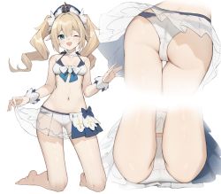 1girl ;d absurdres ass barbara_(genshin_impact) barefoot bikini blonde_hair blue_eyes breasts cameltoe close-up cross drill_hair feet frilled_skirt frills genshin_impact hagi_(ame_hagi) hair_ornament hat highres kneeling latin_cross navel one_eye_closed open_mouth see-through_clothes simple_background skirt small_breasts smile solo stomach swimsuit thigh_gap twin_drills twintails upskirt white_background white_bikini