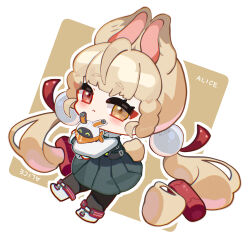 1girl :&lt; absurdres alice_thymefield animal_ears bangboo_(zenless_zone_zero) black_pantyhose blonde_hair character_name chibi commentary_request eous_(zenless_zone_zero) green_skirt heterochromia highres hug long_hair long_sleeves looking_at_viewer pantyhose pleated_skirt rabbit_ears rabbit_girl red_eyes shirt shoes simple_background skirt sphere_hair_ornament square twintails user_ghma7852 white_shirt white_shoes yellow_eyes zenless_zone_zero
