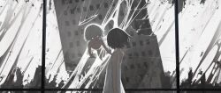 1boy 1girl absurdres against_glass black_hair building commentary_request dress facing_away glowing glowing_eyes halo hand_on_glass highres indoors looking_at_another medium_hair nude open_mouth original short_hair slime_(substance) susudust tilted_halo white_dress white_eyes white_hair white_halo window