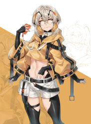 1girl absurdres antennae arthropod_girl black_sclera carapace cellphone colored_sclera cropped_jacket dated drawstring extra_arms glasses highres hood hood_down hooded_jacket jacket jian_xuanyuan midriff navel orange_eyes original parted_lips phone short_shorts shorts smartphone thighhighs yellow_jacket