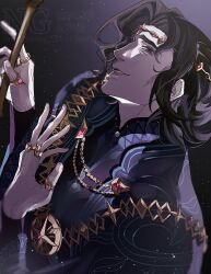 1boy afk_(series) afk_journey bags_under_eyes black_eyes black_hair black_robe circlet curtained_hair cyran_(afk) dutch_angle flipped_hair four-pointed_star from_side gold_necklace gold_ring highres holding holding_staff jewelry layered_sleeves long_sleeves mage_staff male_focus mandarin_collar medium_hair multiple_rings necklace parted_bangs ring robe sakiika_sakki sideways_glance sky smile smug solo staff star_(sky) starry_sky thumb_ring upper_body watermark wide_sleeves