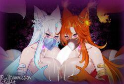 1boy 2girls @_@ ass bare_shoulders blue_gloves blue_hair breast_press breasts censored choker collarbone commentary commission cooperative_paizuri cum cum_on_body cum_on_breasts cum_on_upper_body elbow_gloves english_commentary fellatio ffm_threesome fox_girl gloves glowing glowing_heart glowing_penis group_sex hair_ornament hetero highres huge_breasts hypnosis indie_virtual_youtuber mind_control mouth_veil multicolored_hair multiple_girls oral orange_hair orange_tail paizuri penis ryncka smug_alana snowflake_hair_ornament symmetrical_docking teamwork_(sexual) threesome two-tone_hair veil virtual_youtuber white_hair white_tail