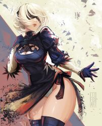 1girl 2b_(nier:automata) absurdres black_gloves black_hairband blindfold boots breasts cleavage cleavage_cutout clothing_cutout covered_eyes gloves hairband highres leofoxart mole mole_under_mouth nier:automata nier_(series) panties pink_lips side_slit solo thigh_boots thighs underwear white_hair white_panties