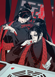 Rule 34 | 1boy, 1girl, black eyes, black hair, black hanfu, black nails, chair, chinese clothes, closed eyes, curtained hair, curtains, hair bun, hair ornament, hand on own wrist, hanfu, head tilt, high ponytail, highres, holding, holding paintbrush, jacket, jacket on shoulders, jia qiu (project moon), limbus company, looking at object, nanrongmian, on chair, one eye covered, open mouth, paintbrush, ponytail, project moon, red scarf, red streaks, rope around arm, scarf, scarf belt, south korean flag, talking, upper body, zigong (project moon)