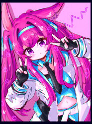 1girl animal_ears arknights black_border black_gloves black_necktie blue_collar blush border closed_mouth collar commentary_request detached_collar double_v fingerless_gloves gloves hair_intakes hands_up highres jacket light_frown long_hair long_sleeves navel necktie open_clothes open_jacket pink_background pink_hair puffy_long_sleeves puffy_sleeves purple_eyes rabbit_ears ray_(arknights) solo v very_long_hair white_jacket wing_collar yopi_(user_wdgp8532)