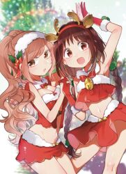 2girls animal_ears arm_up armpits bell bow bow_skirt bowtie braid braided_twintails breasts brown_eyes brown_hair christmas christmas_tree commentary_request cowboy_shot crop_top cropped_shirt fake_animal_ears fake_antlers fur-trimmed_gloves fur-trimmed_shirt fur-trimmed_skirt fur_hairband fur_trim futaribeya gloves hair_bow hair_ornament hairband kawawa_sakurako leaf_hair_ornament long_hair low_twintails medium_breasts midriff miniskirt multiple_girls navel open_mouth red_bow red_bowtie red_gloves red_hairband red_shirt red_skirt santa_costume shirt skirt sleeveless sleeveless_shirt standing twintails very_long_hair yamabuki_kasumi yellow_bow yukiko_(tesseract)