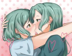 10s 2girls absurdres aqua_hair bang_dream! blush couple extreme_yuri_buta french_kiss highres hikawa_hina hikawa_sayo hug incest kiss kiss_focus long_hair multiple_girls saliva short_hair siblings simple_background tagme twincest twins upper_body yuri