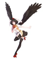 1girl absurdres belt bird_wings black_hair black_ribbon black_skirt black_thighhighs black_wings brown_eyes brown_hair collared_shirt dress_shirt feathered_wings female_focus frilled_skirt frills full_body fuuko_chan geta hat hat_ribbon hauchiwa highres leaf leaf_fan leaf_print leg_up maple_leaf maple_leaf_print matching_hair/eyes miniskirt neck_ribbon nose open_mouth pink_lips pom_pom_(clothes) puffy_short_sleeves puffy_sleeves red_eyes red_footwear ribbon shameimaru_aya shirt shoes short_hair short_sleeves skirt smile solo spread_wings standing standing_on_one_leg teeth tengu-geta thighhighs tokin_hat touhou transparent_background white_shirt wing_collar wings