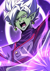 1boy black_bodysuit bodysuit colored_skin dragon_ball dragon_ball_super earrings energy fused_zamasu green_skin grey_eyes halo himazin100 jewelry long_sleeves looking_down open_mouth pointy_ears potara_earrings red_sash sash shouting solo spiked_hair teeth white_hair