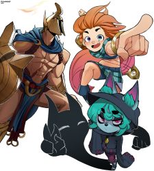 1boy 2girls :d abs absurdres animal_ear_fluff bad_id bad_pixiv_id bare_shoulders blue_cape bracelet brown_hair cape colored_skin ears_through_headwear fang frown full_body green_eyes green_skin helm helmet heterochromia highres holding holding_shield jewelry league_of_legends long_hair long_sleeves midriff multiple_girls muscular muscular_male open_mouth pantheon_(league_of_legends) pink_eyes pointing pointing_at_viewer purple_eyes ryu_(ryuwanshoy) shadow shield shoes shorts sleeves_past_fingers sleeves_past_wrists smile standing stomach v vex_(league_of_legends) vex_shadow_(league_of_legends) yordle zoe_(league_of_legends)