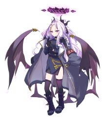 1girl absurdres ahoge armband black_boots black_coat black_halo black_skirt blue_archive blush boots breasts coat coat_on_shoulders demon_girl demon_horns demon_wings halo highres hina_(blue_archive) horns long_hair looking_at_viewer low_wings purple_eyes red_armband simple_background skirt small_breasts solo standing sw0ng white_background white_hair wings