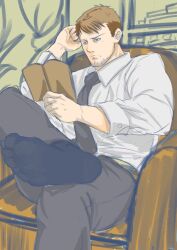 1boy black_socks brown_hair collared_shirt facial_hair feet goatee_stubble highres hotel_dusk kyle_hyde male_focus necktie otoko_asizuki shirt sitting socks solo solo_focus stubble white_shirt