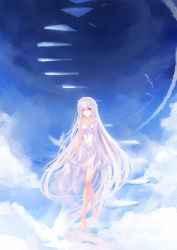 Rule 34 | 1girl, bad id, bad pixiv id, cloud, dress, feet, female focus, highres, long hair, pixiv fantasia, pixiv fantasia 5, red eyes, skade, sky, solo, stairs, white hair