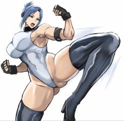 Rule 34 | 1girl, abs, black gloves, black thighhighs, blair dame, blue hair, breasts, female focus, fighting stance, gloves, highleg, highleg leotard, leg up, leotard, muscular, muscular female, shibusun, simple background, solo, street fighter, street fighter ex (series), thick thighs, thighhighs, thighs, white background, white leotard