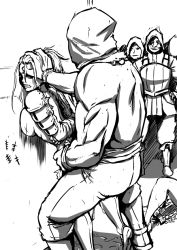 against_wall arbalest_(darkest_dungeon) arms_behind_back bdsm bondage bound clenched_teeth cum cum_in_pussy darkest_dungeon drd hand_on_another&#039;s_head hand_on_own_hip hood hood_up queue rape scar sex sex_from_behind sketch slave standing standing_sex tally teeth torn_clothes