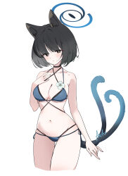 Rule 34 | 1girl, absurdres, animal ears, ash (cat7evy), bikini, black eyes, black hair, blue archive, blue bikini, blue halo, blue tail, breasts, cat ears, cat girl, cat tail, cleavage, colored inner animal ears, cowboy shot, gradient tail, halo, hand on own chest, highres, kikyou (blue archive), kikyou (swimsuit) (blue archive), medium breasts, multi-strapped bikini bottom, multiple tails, official alternate costume, short hair, side-tie bikini bottom, simple background, solo, standing, swimsuit, tail, thigh gap, two tails, white background
