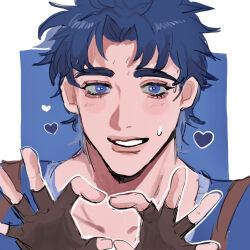 Rule 34 | 1boy, black hair, blue shirt, blue theme, blush, brown gloves, curtained hair, eyelashes, fingerless gloves, gloves, heart, heart hands, highres, jojo no kimyou na bouken, jonathan joestar, looking at viewer, male focus, matubaru chan, messy hair, nervous, nervous smile, outline, parted bangs, phantom blood, portrait, shirt, smile, solo, star (symbol), star in eye, sweatdrop, symbol in eye, white background, white outline