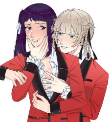 2girls black_hair highres hug hyakkaou_academy_school_uniform igarashi_sayaka jacket kakegurui long_hair momobami_kirari multiple_girls open_clothes open_jacket pimintt school_uniform smile white_hair yuri