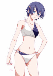 1girl artist_name bikini blue_eyes blue_hair breasts hair_ornament hairclip hand_on_own_hip ikushima_sora looking_at_viewer navel short_hair simple_background small_breasts solo swimsuit tokyo_xanadu white_background xiacheng_tatsuya