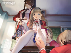 1boy 2girls black_hair blue_eyes brown_dust_(series) brown_dust_2 brown_hair desk feet glacia_(brown_dust) hair_over_one_eye highres long_hair looking_at_viewer multiple_girls official_art official_wallpaper open_mouth panties pantyhose pantyshot ponytail school_desk school_uniform soles toes underwear whip white_pantyhose