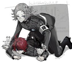 Rule 34 | 2boys, ahoge, aotsuki eito, armband, belt, black boots, black jacket, black pants, blue eyes, boots, dated, glasses, grey hair, hole in chest, hole on body, jacket, last defense academy school uniform, male focus, multicolored hair, multiple boys, pants, pinned, red hair, school uniform, shadow, smile, streaked hair, sumino takumi, the hundred line -last defense academy-, twitter username, uehara hachi, white armband, white belt, yaoi