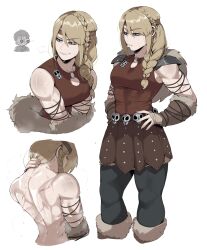 ... 1boy 1girl absurdres alternate_muscle_size arm_guards armor astrid_hofferson belt boots braid breasts brown_skirt cape cleavage fur-trimmed_boots fur_arm_warmers fur_cape fur_trim fur_vest hand_on_own_neck hiccup_horrendous_haddock_iii highres how_to_train_your_dragon_(series) masoq muscular muscular_female scar shoulder_armor single_braid skirt smile steam studded_skirt sweat white_background