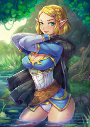 1girl artist_name blonde_hair breasts cape cleavage cowboy_shot female_focus green_eyes hair_ornament hairclip jammeryx lily_pad link long_sleeves looking_at_viewer medium_breasts nintendo nipples outdoors panties patreon_username peeking pointy_ears princess_zelda short_hair sidelocks signature standing the_legend_of_zelda the_legend_of_zelda:_breath_of_the_wild the_legend_of_zelda:_tears_of_the_kingdom thighs tree twitter_username underwear wading wet white_panties