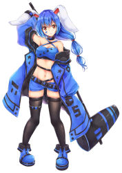 1girl absurdres akiteru_(akiteru98) alternate_costume alternate_hairstyle animal_ears arm_up bandeau bare_shoulders belt black_belt black_collar black_thighhighs blue_boots blue_coat blue_hair blue_shorts boots breasts cleavage coat collar commentary_request crescent_print criss-cross_halter facial_mark female_focus full_body hair_between_eyes halterneck highres holding holding_mallet kine long_hair long_sleeves low-tied_long_hair mallet medium_breasts midriff multi-tied_hair navel off_shoulder open_clothes open_coat parted_lips rabbit_ears red_eyes seiran_(touhou) short_shorts shorts sidelocks simple_background skindentation solo standing star_(symbol) star_print stomach thigh_strap thighhighs thighs touhou white_background wide_sleeves
