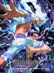 1boy alternate_form commentary_request copyright_name dai-xt electricity gear_fifth hagoromo highres looking_at_viewer male_focus monkey_d._luffy official_art one_piece one_piece_card_game open_clothes open_shirt purple_sash sandals sash scar scar_on_face shawl shirt short_hair shorts smile solo white_hair white_shirt white_shorts yellow_eyes